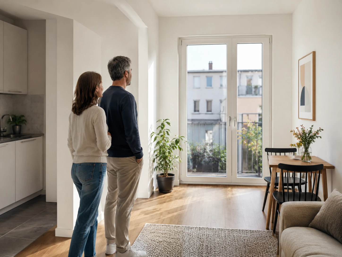 Paar betrachtet eine helle kleinere Wohnung als möglichen neuen Wohnschritt